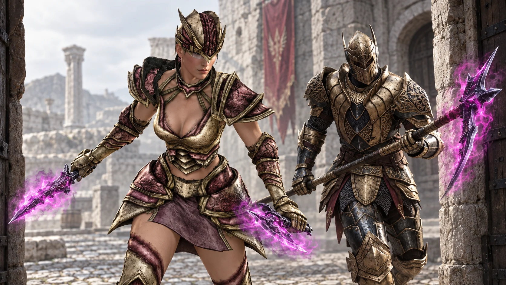 Mor silahlı Warrior ve çift hançerli Rogue; konsept çizim
